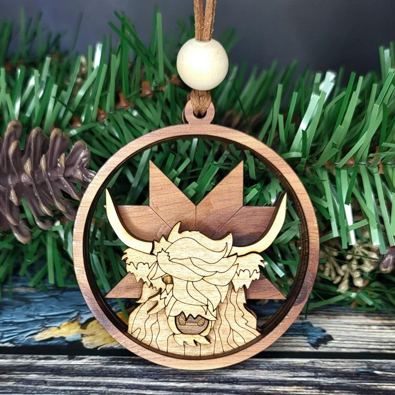 Highland Cow Ornament, 3D Farm Cow Ornament, Unique Marquetry Ornament, Made in the USA, 3D Handcrafted Ornament