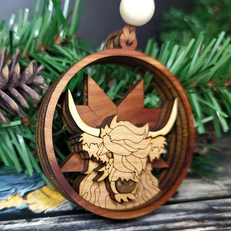 Highland Cow Ornament, 3D Farm Cow Ornament, Unique Marquetry Ornament, Made in the USA, 3D Handcrafted Ornament
