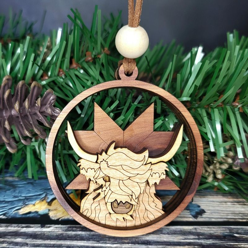 Highland Cow Ornament, 3D Farm Cow Ornament, Unique Marquetry Ornament, Made in the USA, 3D Handcrafted Ornament
