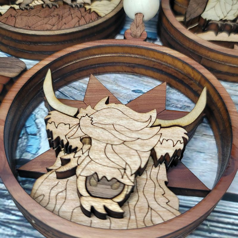 Highland Cow Ornament, 3D Farm Cow Ornament, Unique Marquetry Ornament, Made in the USA, 3D Handcrafted Ornament