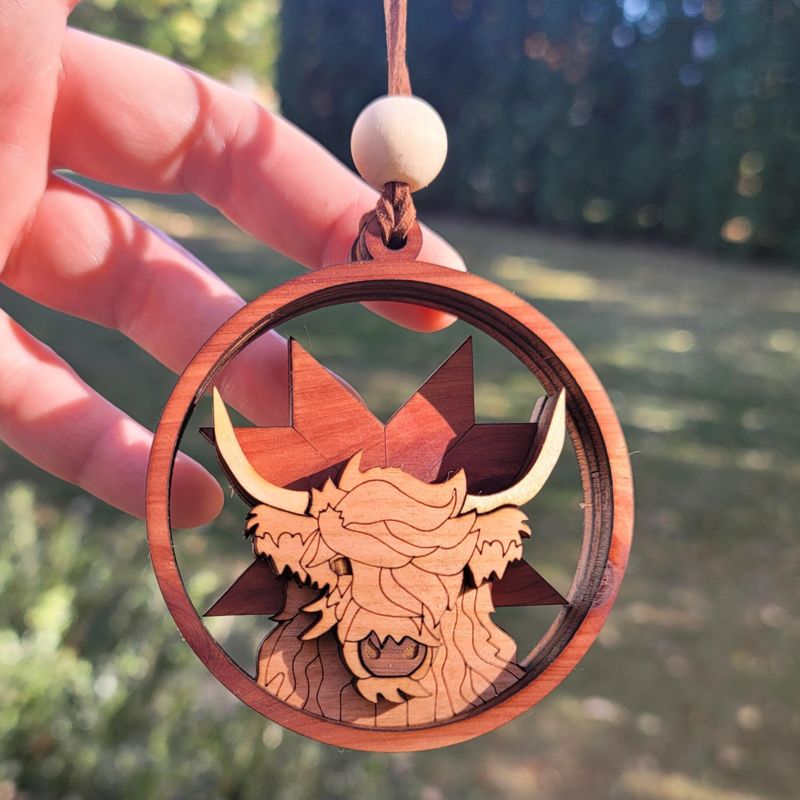 Highland Cow Ornament, 3D Farm Cow Ornament, Unique Marquetry Ornament, Made in the USA, 3D Handcrafted Ornament