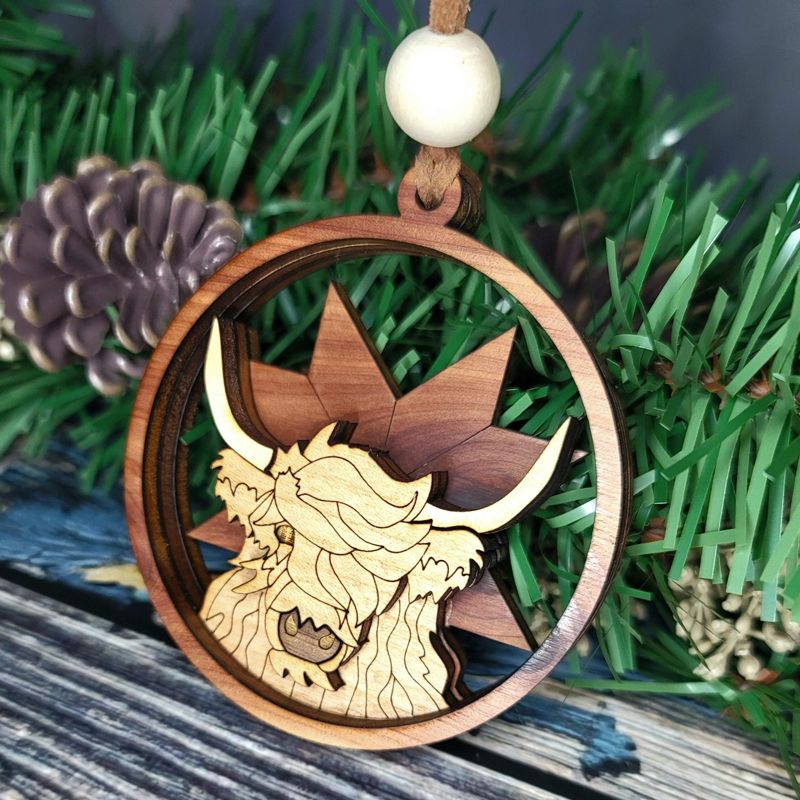 Highland Cow Ornament, 3D Farm Cow Ornament, Unique Marquetry Ornament, Made in the USA, 3D Handcrafted Ornament