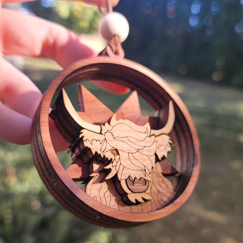 Highland Cow Ornament, 3D Farm Cow Ornament, Unique Marquetry Ornament, Made in the USA, 3D Handcrafted Ornament