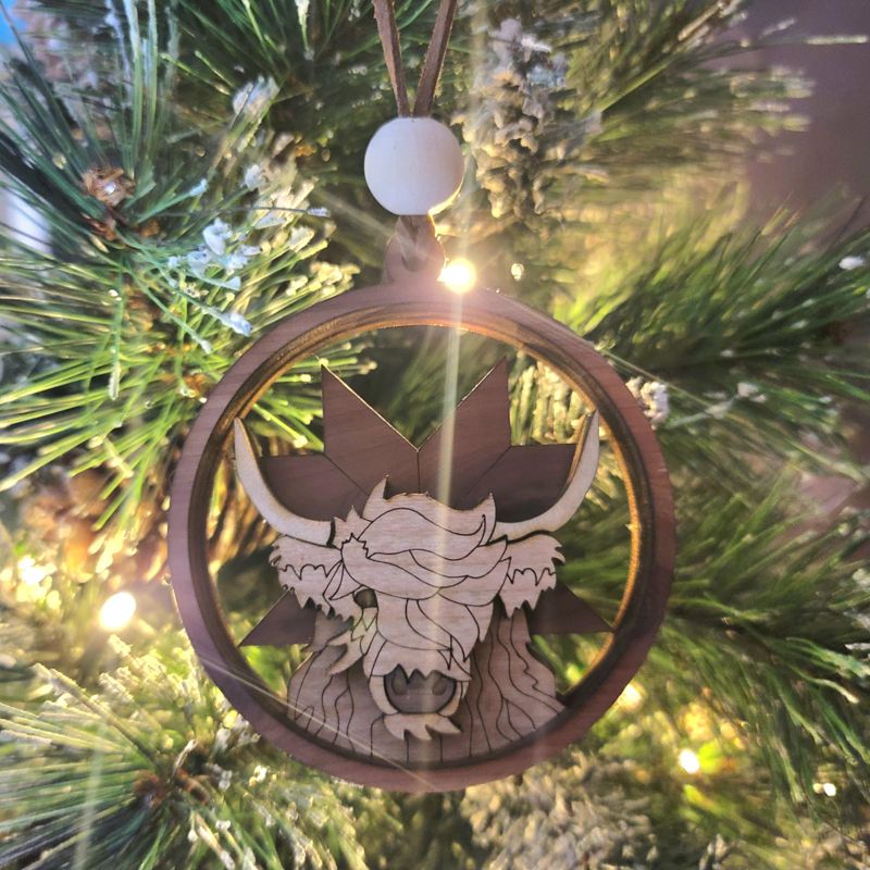 Highland Cow Ornament, 3D Farm Cow Ornament, Unique Marquetry Ornament, Made in the USA, 3D Handcrafted Ornament