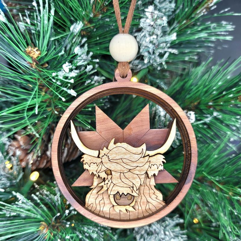 Highland Cow Ornament, 3D Farm Cow Ornament, Unique Marquetry Ornament, Made in the USA, 3D Handcrafted Ornament