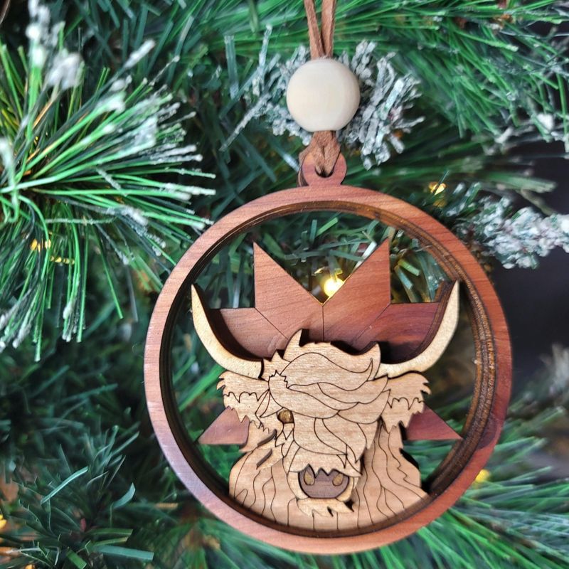 Highland Cow Ornament, 3D Farm Cow Ornament, Unique Marquetry Ornament, Made in the USA, 3D Handcrafted Ornament