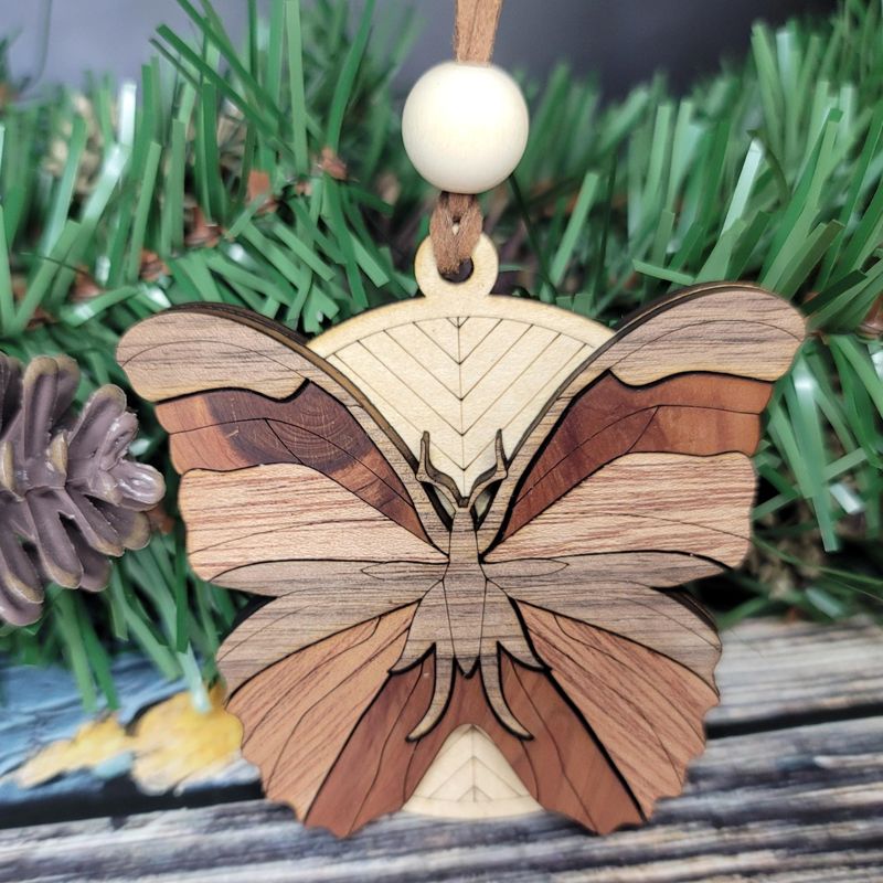Butterfly Ornament, 3D Wooden Butterfly, Unique Marquetry Ornament, Made in the USA, 3D Handcrafted Ornament