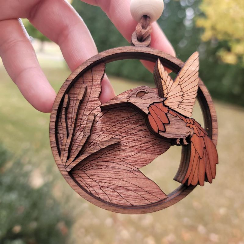 Hummingbird Ornament, 3D Wooden Bird Ornament, Unique Marquetry Ornament, Made in the USA, 3D Handcrafted Ornament