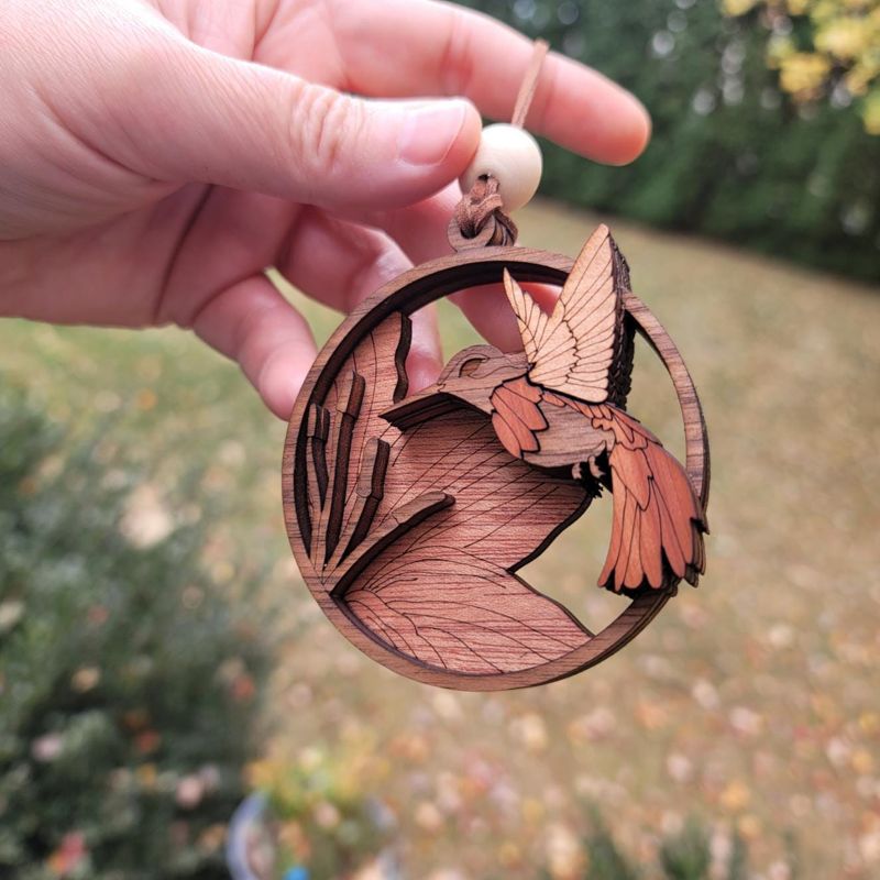 Hummingbird Ornament, 3D Wooden Bird Ornament, Unique Marquetry Ornament, Made in the USA, 3D Handcrafted Ornament