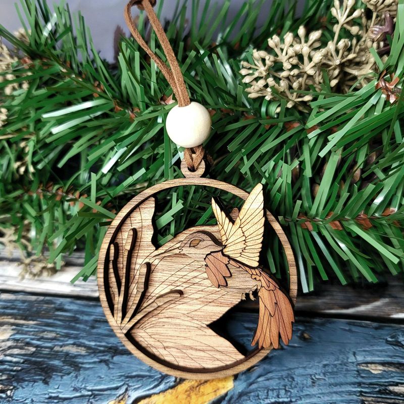 Hummingbird Ornament, 3D Wooden Bird Ornament, Unique Marquetry Ornament, Made in the USA, 3D Handcrafted Ornament