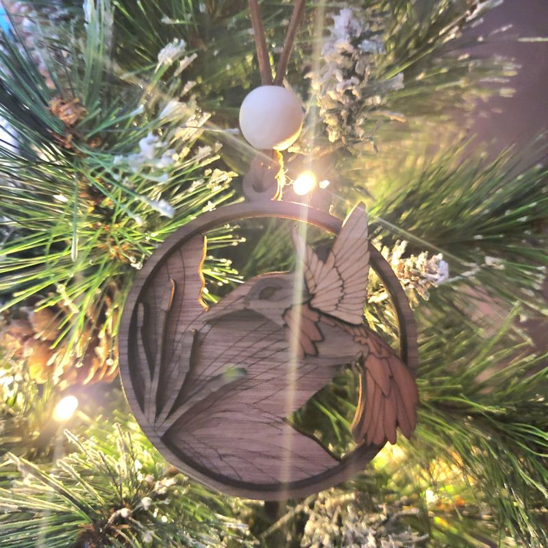 Hummingbird Ornament, 3D Wooden Bird Ornament, Unique Marquetry Ornament, Made in the USA, 3D Handcrafted Ornament