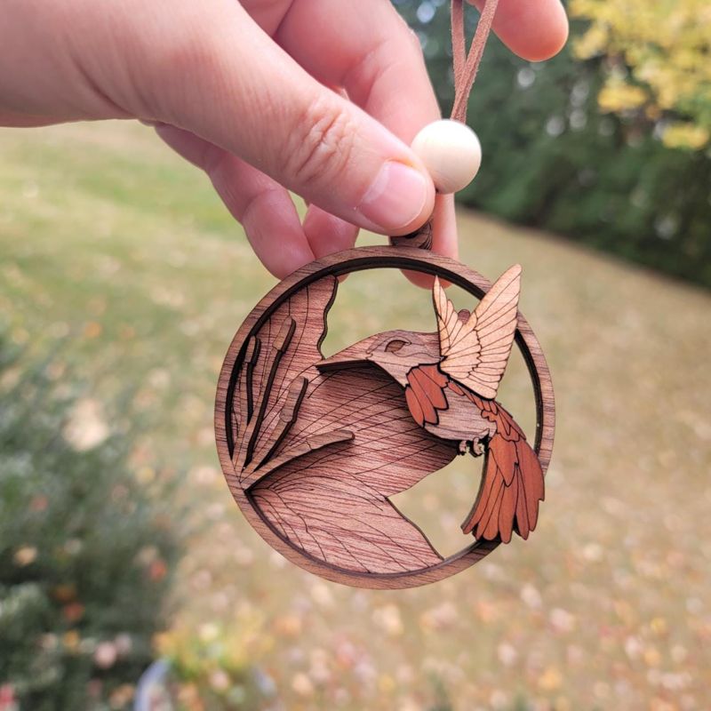 Hummingbird Ornament, 3D Wooden Bird Ornament, Unique Marquetry Ornament, Made in the USA, 3D Handcrafted Ornament