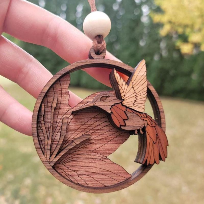 Hummingbird Ornament, 3D Wooden Bird Ornament, Unique Marquetry Ornament, Made in the USA, 3D Handcrafted Ornament