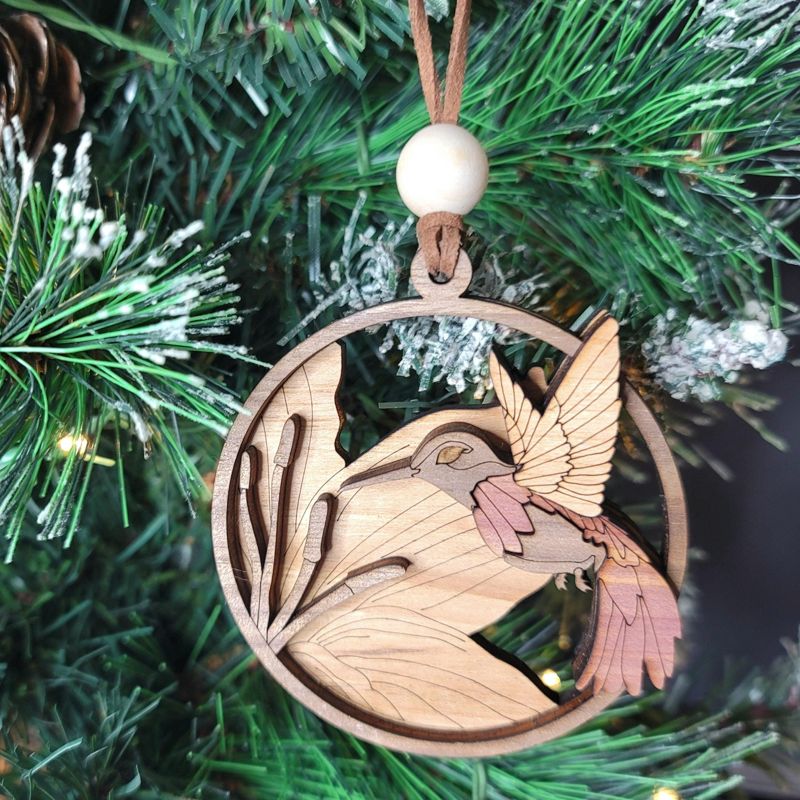 Hummingbird Ornament, 3D Wooden Bird Ornament, Unique Marquetry Ornament, Made in the USA, 3D Handcrafted Ornament