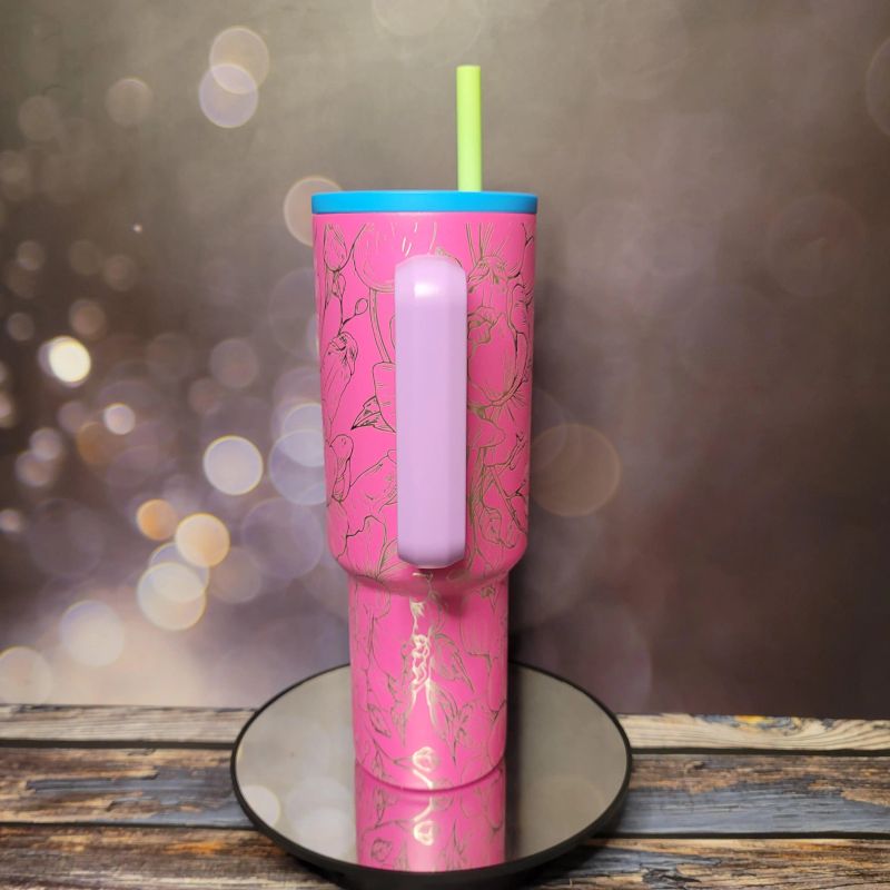 NSFW Engraved Simple Modern‑Style 40oz Tumbler with Handle – Floral Line Art, Laser‑Etched Adult Humor Travel Mug (80s Mix Trek)