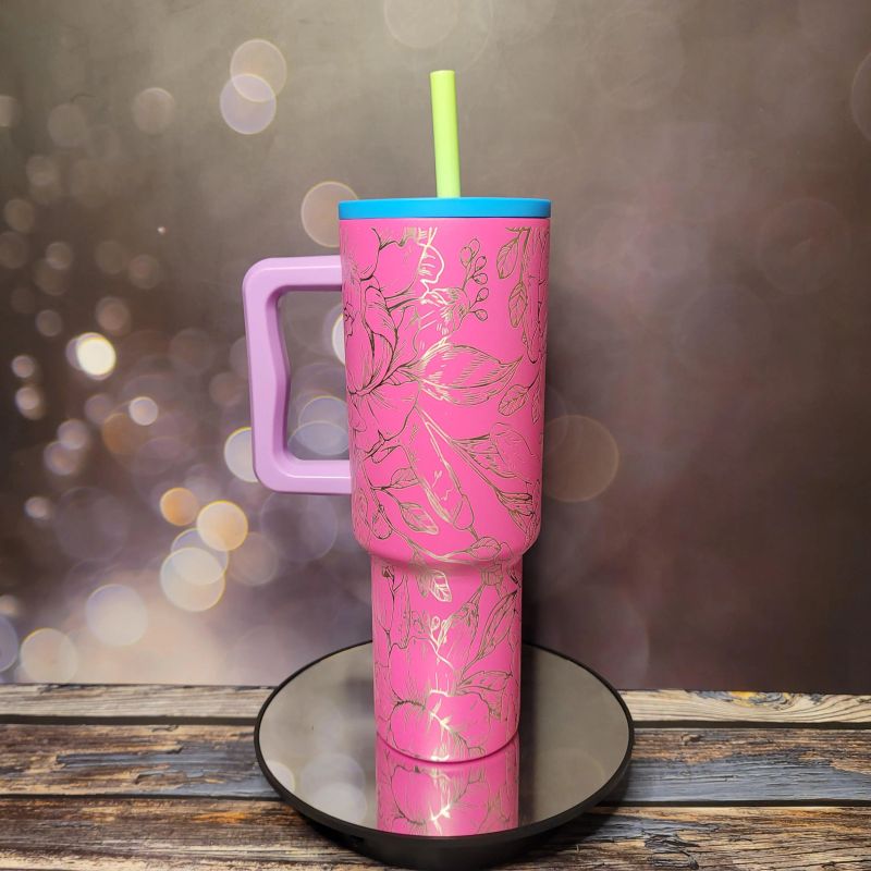 NSFW Engraved Simple Modern‑Style 40oz Tumbler with Handle – Floral Line Art, Laser‑Etched Adult Humor Travel Mug (80s Mix Trek)