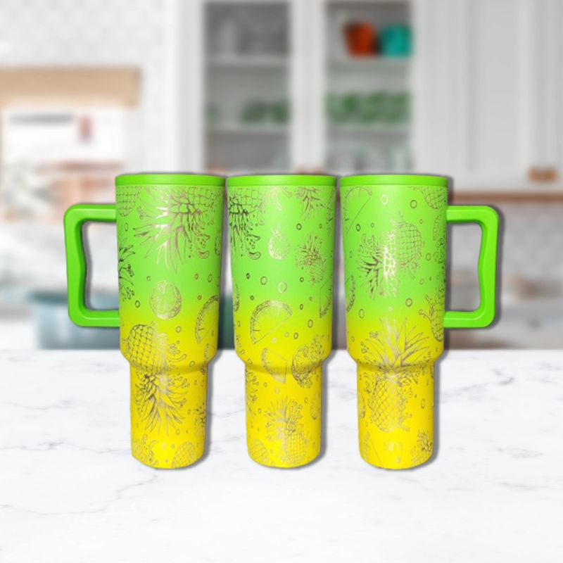 Tropical Pineapple Engraved Tumbler: Fanciful Summer Gift for Hot & Cold Drinks, Custom Stainless Steel Cup (80s Mix Trek)