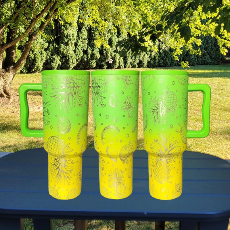 Tropical Pineapple Engraved Tumbler: Fanciful Summer Gift for Hot & Cold Drinks, Custom Stainless Steel Cup (80s Mix Trek)
