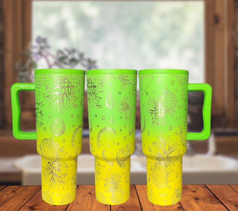 Tropical Pineapple Engraved Tumbler: Fanciful Summer Gift for Hot & Cold Drinks, Custom Stainless Steel Cup (80s Mix Trek)