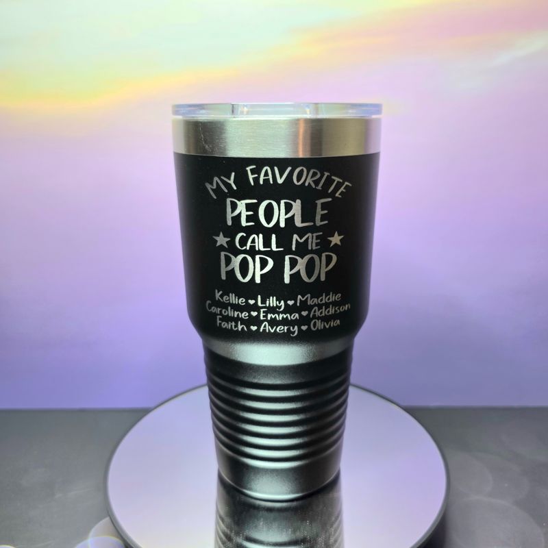 Personalized 'Pop Pop' Tumbler – Custom Engraved Grandkids Names – Stainless Steel Travel Mug Gift for Grandpa (30oz Black Polar Camel)