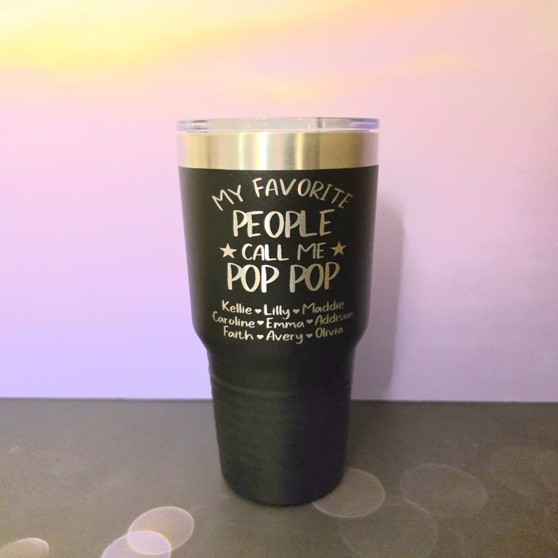 Personalized 'Pop Pop' Tumbler – Custom Engraved Grandkids Names – Stainless Steel Travel Mug Gift for Grandpa (30oz Black Polar Camel)