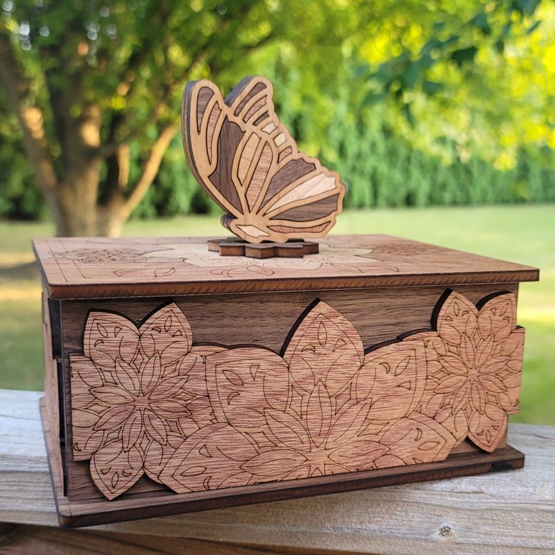 Handcrafted Butterfly Keepsake Box in Cherry, Mahogany & Walnut – Engraved Floral Wooden Jewelry Box with Optional Personalization