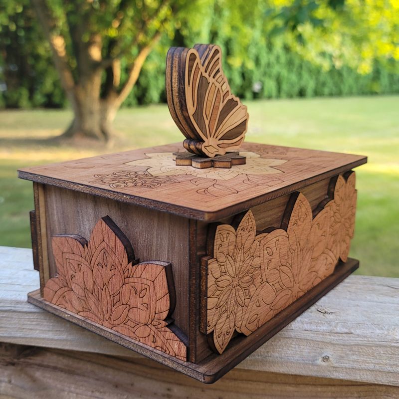 Handcrafted Butterfly Keepsake Box in Cherry, Mahogany & Walnut – Engraved Floral Wooden Jewelry Box with Optional Personalization