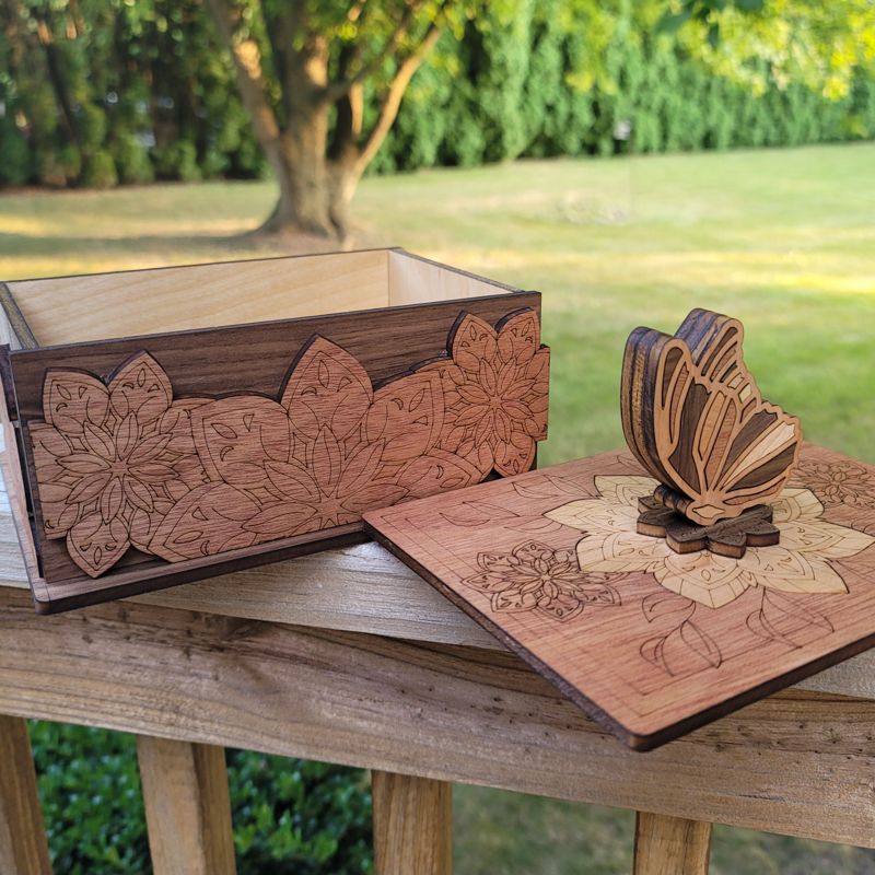 Handcrafted Butterfly Keepsake Box in Cherry, Mahogany & Walnut – Engraved Floral Wooden Jewelry Box with Optional Personalization