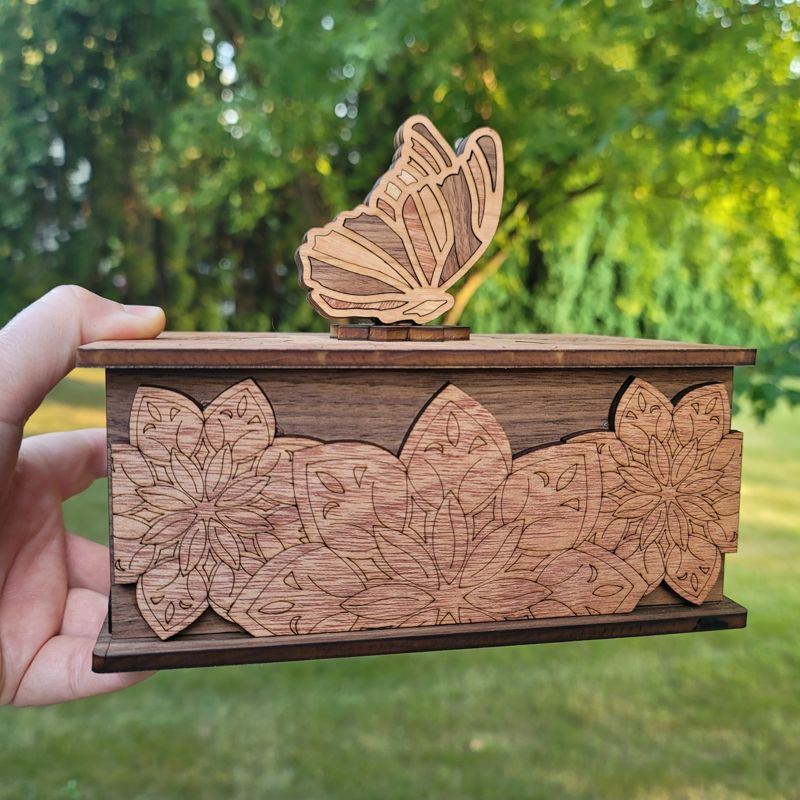 Handcrafted Butterfly Keepsake Box in Cherry, Mahogany & Walnut – Engraved Floral Wooden Jewelry Box with Optional Personalization