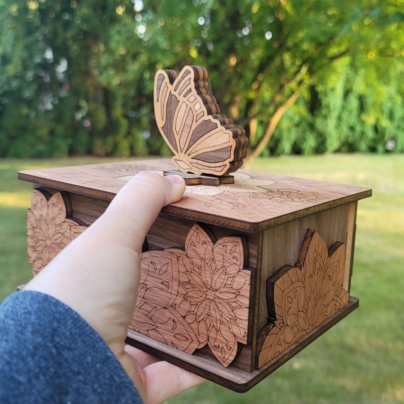 Handcrafted Butterfly Keepsake Box in Cherry, Mahogany & Walnut – Engraved Floral Wooden Jewelry Box with Optional Personalization