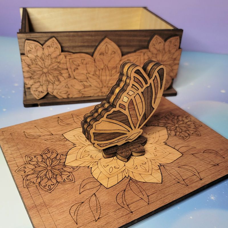 Handcrafted Butterfly Keepsake Box in Cherry, Mahogany & Walnut – Engraved Floral Wooden Jewelry Box with Optional Personalization
