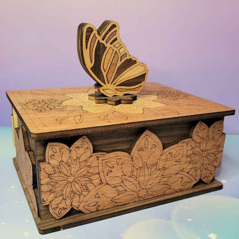 Handcrafted Butterfly Keepsake Box in Cherry, Mahogany & Walnut – Engraved Floral Wooden Jewelry Box with Optional Personalization