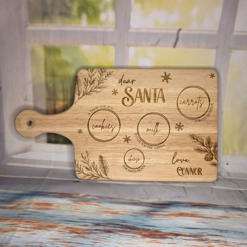 Personalized Santa Treat Board – Christmas Eve Milk, Cookies & Reindeer Carrot Tray | Custom Family Name Engraved Holiday Cutting Board (Beech Board w Handle)
