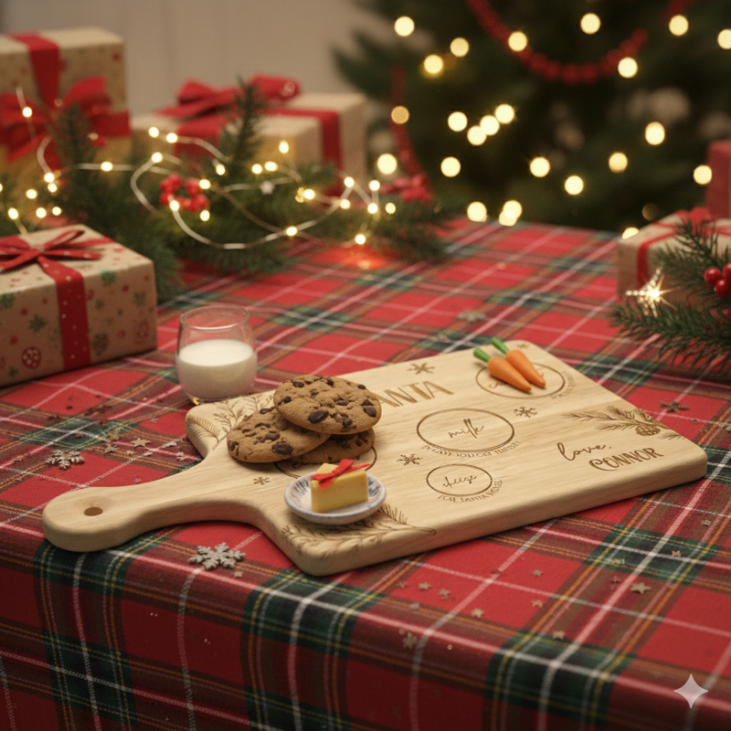 Personalized Santa Treat Board – Christmas Eve Milk, Cookies & Reindeer Carrot Tray | Custom Family Name Engraved Holiday Cutting Board (Beech Board w Handle)