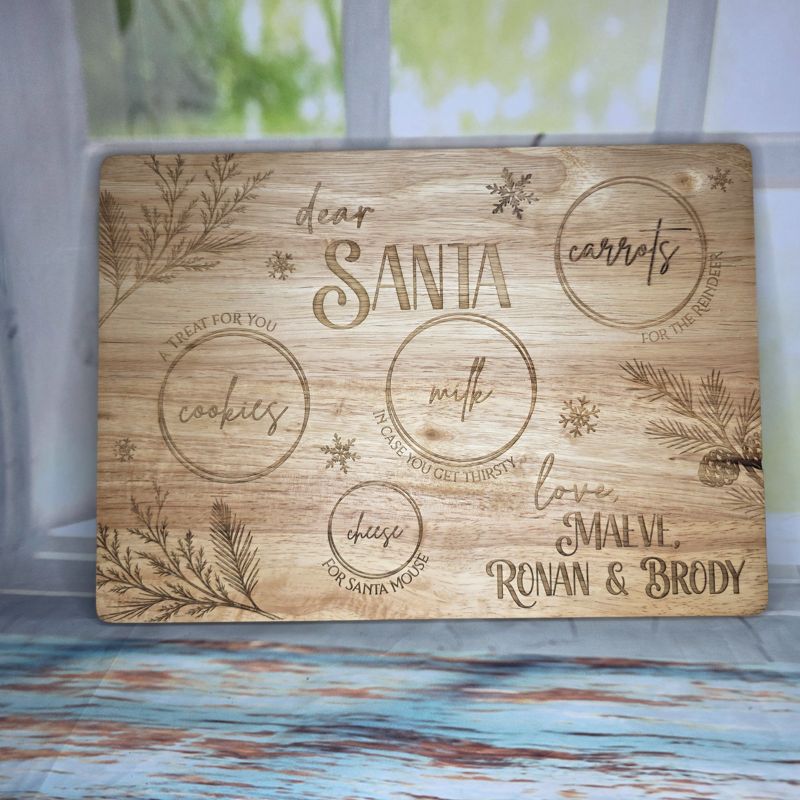 Personalized Santa Treat Board – Christmas Eve Milk, Cookies & Reindeer Carrot Tray | Custom Family Name Engraved Holiday Cutting Board (Beech Board w Handle)