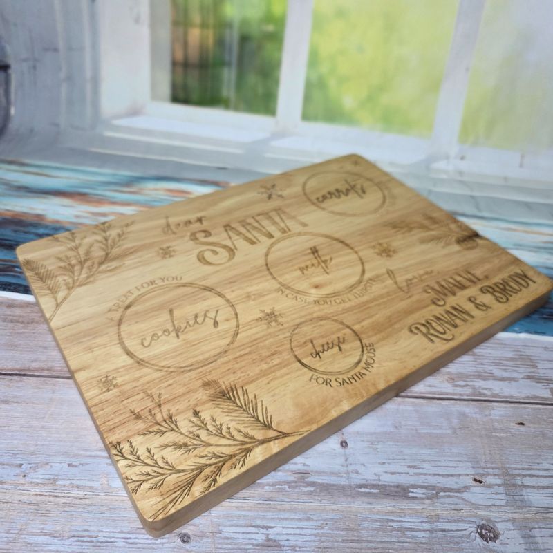 Personalized Santa Treat Board – Christmas Eve Milk, Cookies & Reindeer Carrot Tray | Custom Family Name Engraved Holiday Cutting Board (Beech Board w Handle)