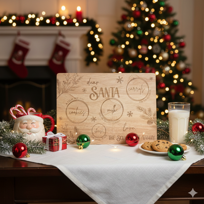Personalized Santa Treat Board – Christmas Eve Milk, Cookies & Reindeer Carrot Tray | Custom Family Name Engraved Holiday Cutting Board (Beech Board w Handle)