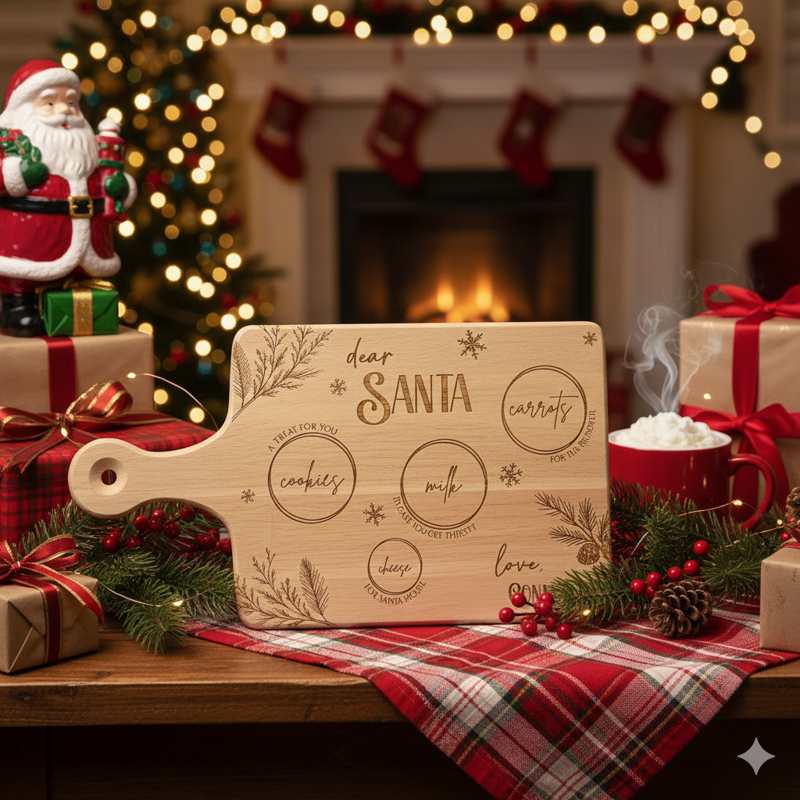 Personalized Santa Treat Board – Christmas Eve Milk, Cookies & Reindeer Carrot Tray | Custom Family Name Engraved Holiday Cutting Board (Beech Board w Handle)