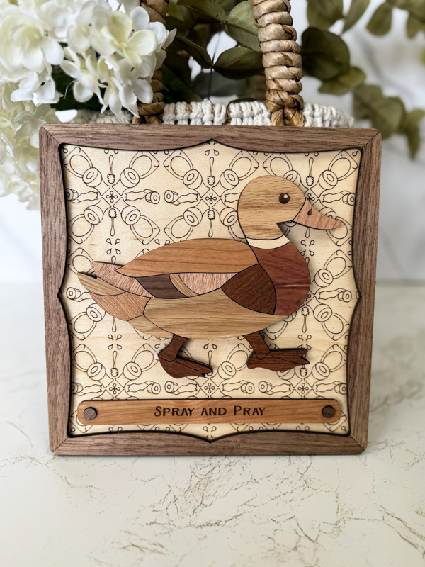 Spray and Pray Duck Wooden Sign – Funny Handcrafted Wall Art, Laser‑Engraved Wood Plaque for Home, Shop, or Office Decor
