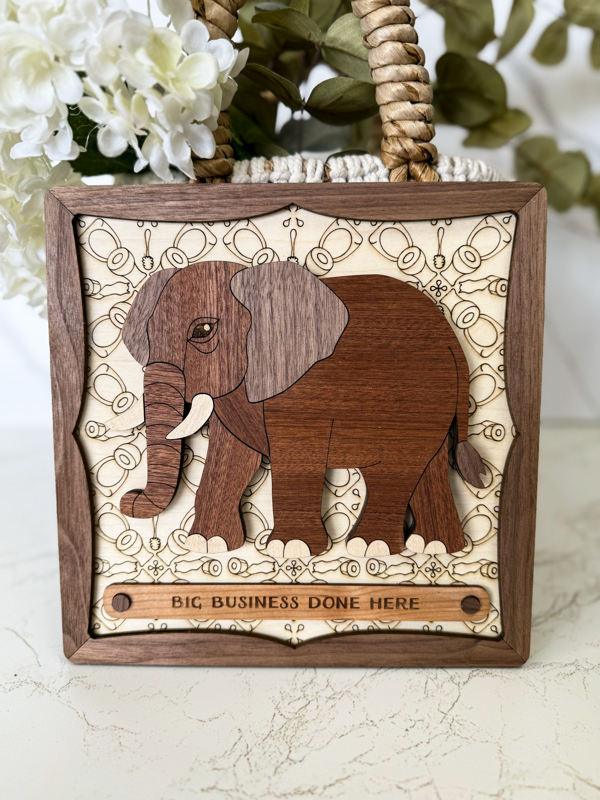 Big  Business Done Here Elephant Sign – Funny Laser‑Cut Wood Plaque for Bathroom, Office, or Man Cave Décor