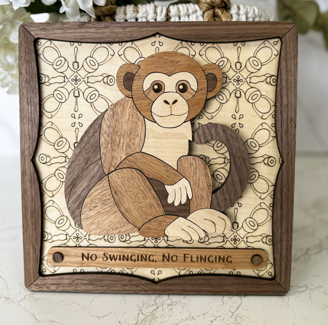 No Swinging, No Flinging Monkey Wooden Sign – Funny Layered 3D Hardwood Wall Art, Laser‑Engraved Plaque for Home, Office, or Classroom Decor