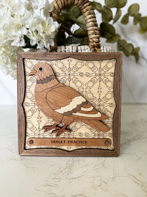 Target Practice Pigeon Wooden Sign – Layered 3D Hardwood Wall Art, Laser‑Engraved Shooting‑Theme Plaque for Home, Shop, or Cabin Decor