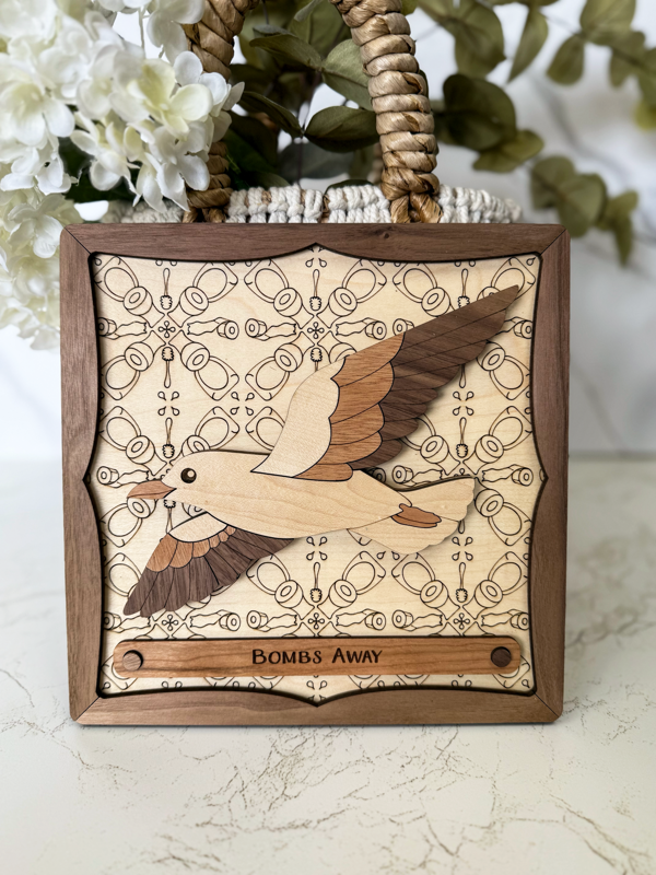 Bombs Away Seagull Wooden Sign – Layered 3D Hardwood Wall Art, Laser‑Engraved Funny Plaque for Home, Office, Shop, or Cabin Decor