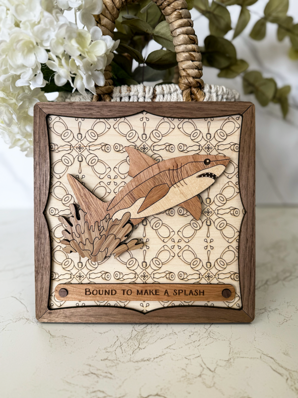 Bound to Make a Splash Shark Wooden Sign – Layered 3D Hardwood Wall Art, Laser‑Engraved Funny Plaque for Home, Office, Shop, or Beach House Decor