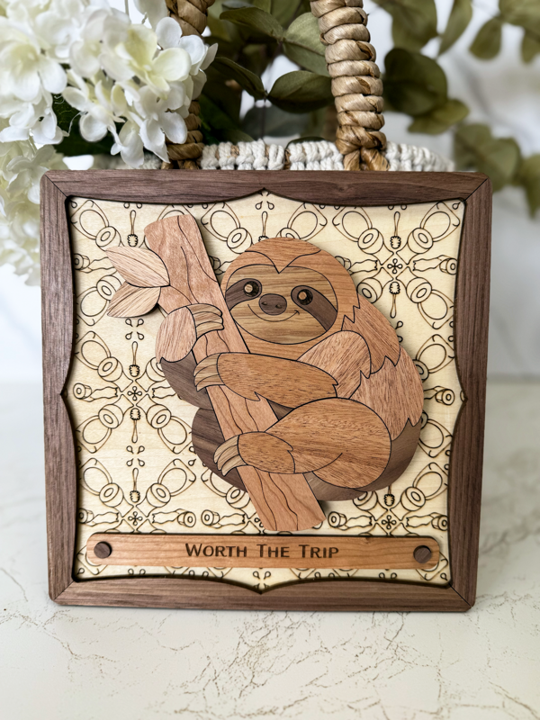 Worth the Trip Sloth Wooden Sign – Layered 3D Hardwood Wall Art, Laser‑Engraved Plaque for Home, Office, Nursery, or Cabin Decor