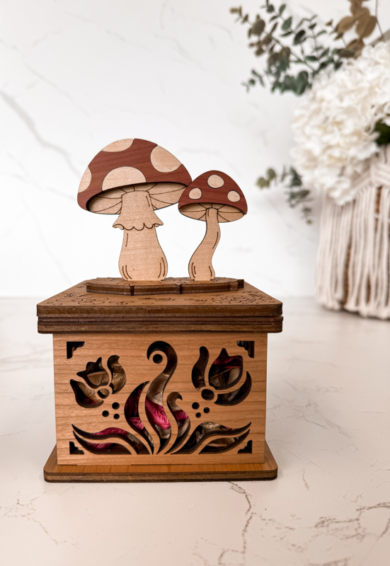 Handcrafted Wooden Potpourri Box – Decorative Carved Keepsake Box with Optional Skunk or Mushroom Lid, 4.25" Square Hardwood Gift Box