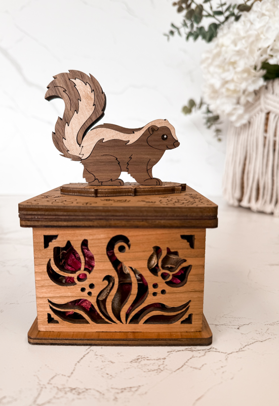Handcrafted Wooden Potpourri Box – Decorative Carved Keepsake Box with Optional Skunk or Mushroom Lid, 4.25" Square Hardwood Gift Box