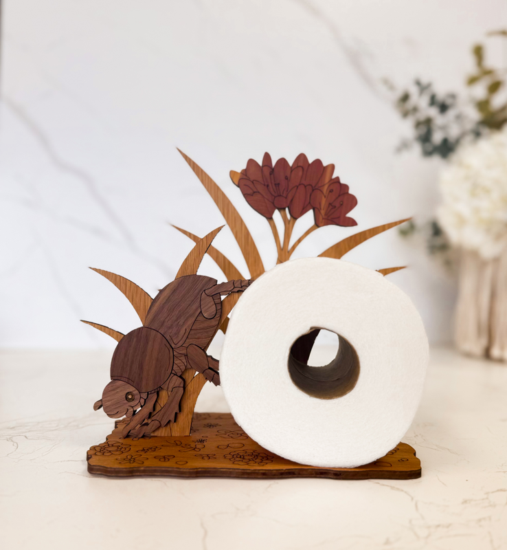 Wooden Toilet Paper Holder – Handcrafted Hardwood Bathroom Decor with Dung Beetle or Snail / Mushroom Topper
