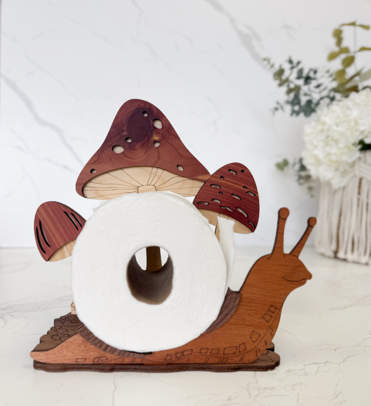 Wooden Toilet Paper Holder – Handcrafted Hardwood Bathroom Decor with Dung Beetle or Snail / Mushroom Topper