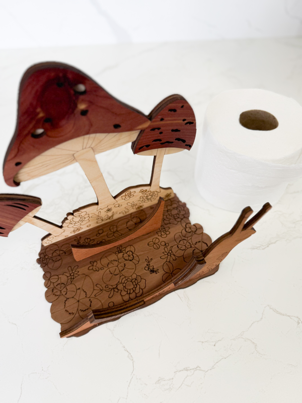 Wooden Toilet Paper Holder – Handcrafted Hardwood Bathroom Decor with Dung Beetle or Snail / Mushroom Topper